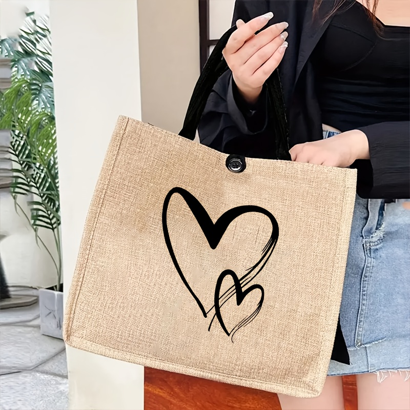 

Chic Love Heart Fabric Tote Bag With Black Strap - Polyester-lined, Button Closure, Shopping & Travel Organizer Bag - Ideal Gift For