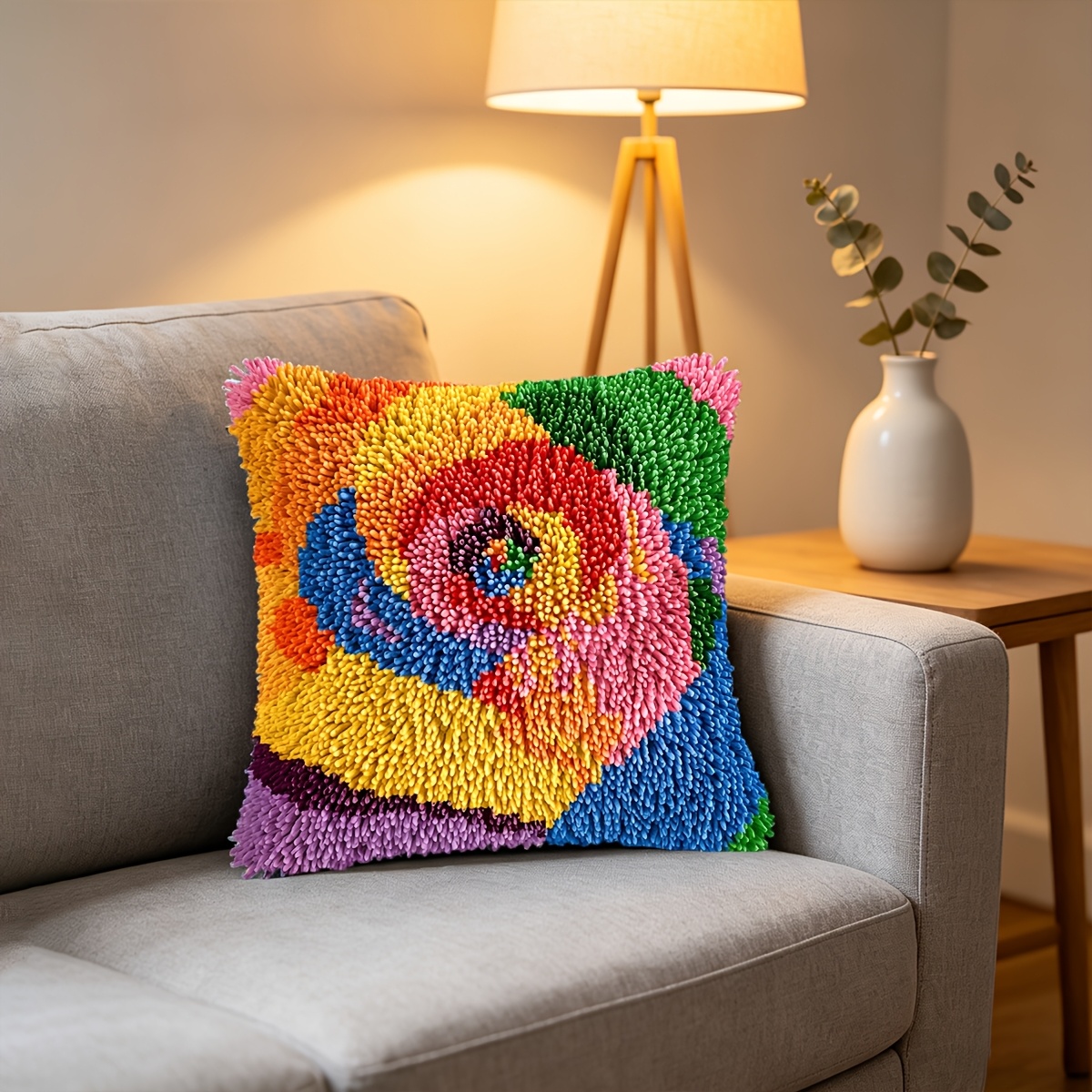 Latch Hook Pillow Kit with Spiral Plant Patterns, DIY Craft Set
