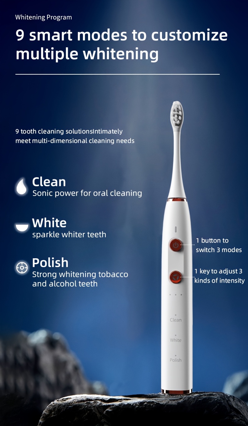 Sonic Electric Toothbrush | 9 Modes From 3 Types & 3 Intensities, Safe Wireless Charging, 2000Mah Battery (90+ Days), Travel Case, Powerful Cleaning For Teeth & Plaque