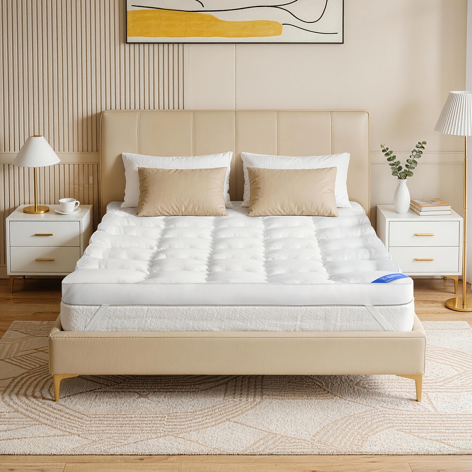 Image of 10cm 1000gsm Wave Quilted Mattress Topper - Plush Pillow-style Filling, Breathable & , Secure Elastic Corner Straps, Machine Washable, Ideal For Bedroom, , Dorm, Sofa Bed