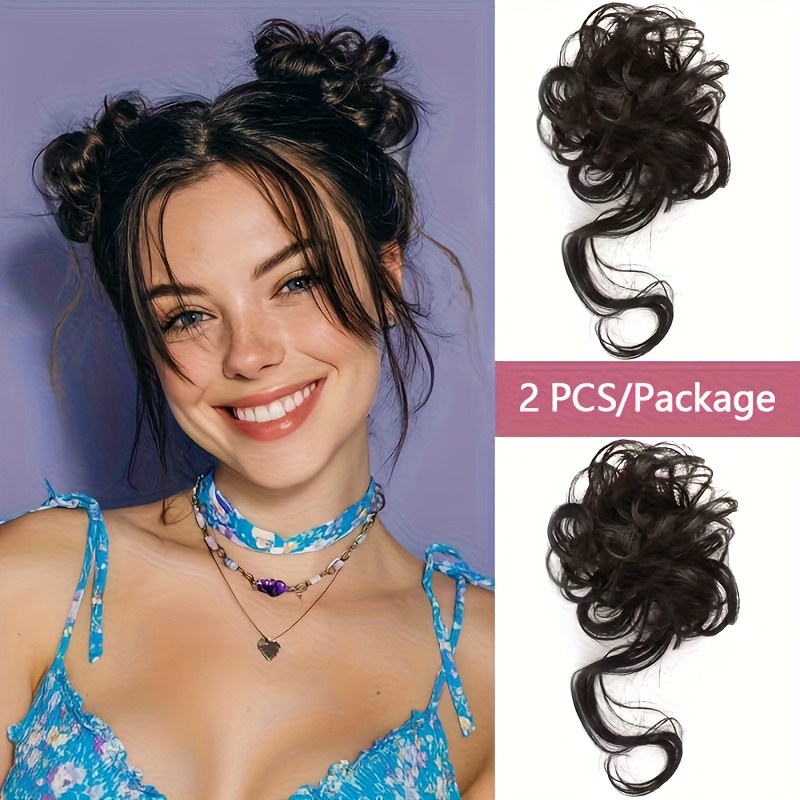 TEMU 2pcs Mini Messy Bun Hair Extension-a Large Number Of Wavy Curly Hair, Synthetic Ponytail Hair For Women, Black And Brown Thick Updo Hair, For