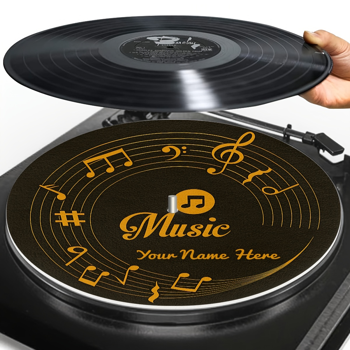 TEMU 1pc Music Note Theme Print Personalized Name Customized Record Player Turntable Mat, Non-slip Record Player Turntable Mat, Music Room, Cafe, Bar