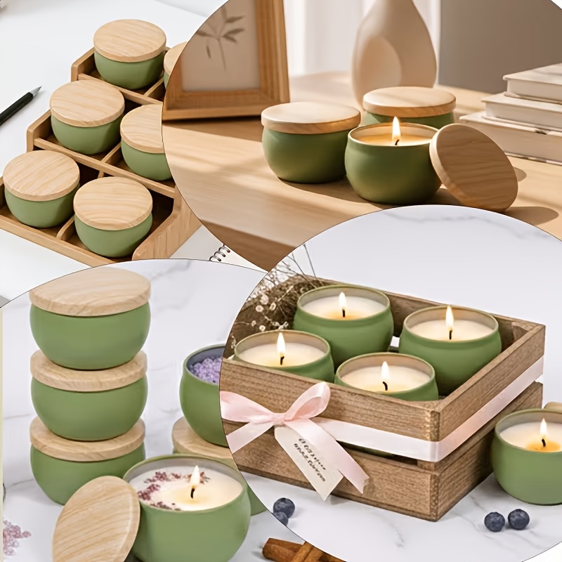 TEMU Lot de 12 pots à bougie de 2,2 oz , blanc et vert avec couvercle à grain de bois. des mini-pots de rangement polyvalents, parfaits pour