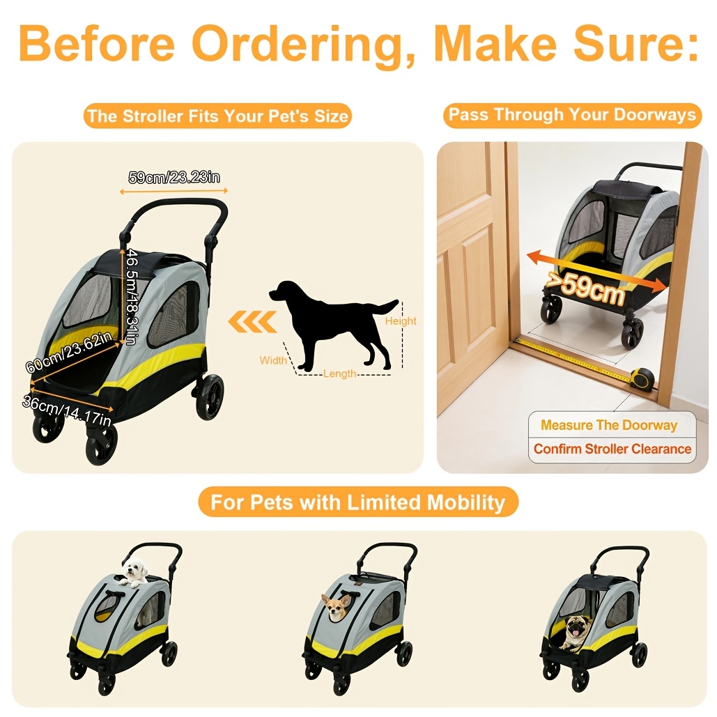 TEMU Pet Travel Stroller: Dog Stroller Pet Jogger Wagon -key Folding With 4 Heavy Wheels, Adjustable Handle For Small Dogs And Cats, Rear Brake,
