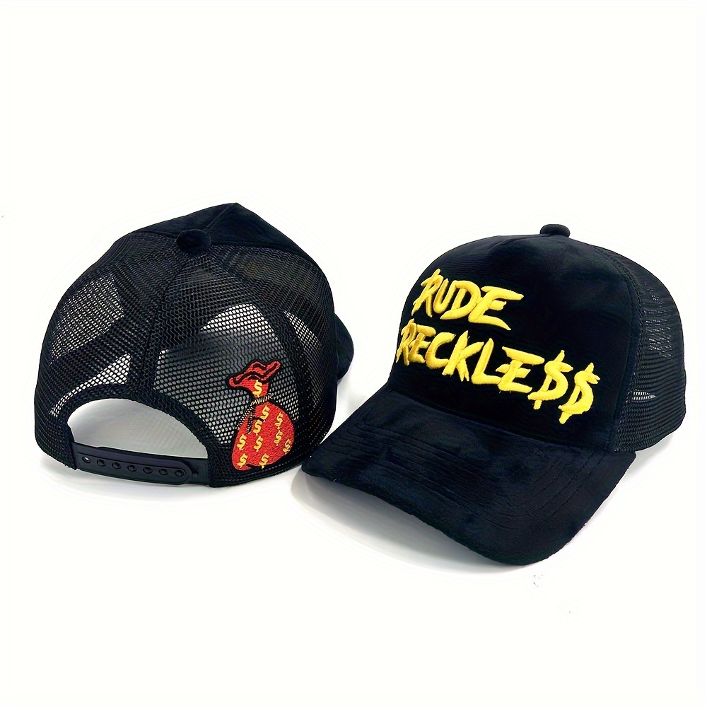 

1pc 3d Embroidery "rude " Velvet Trucker Hat For Men - Casual Polyester And Velvet Baseball Cap With Mesh Back