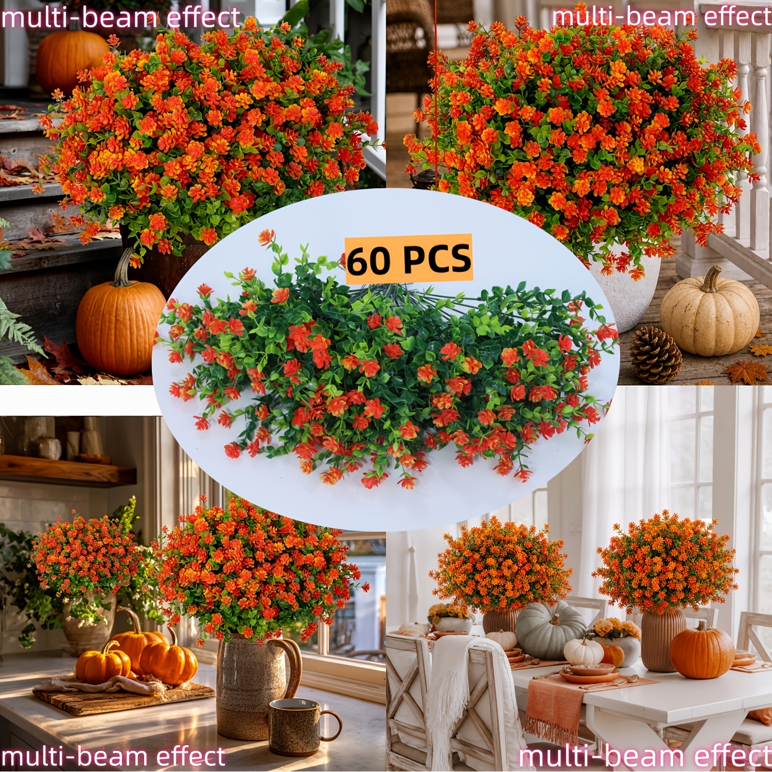 TEMU 60 Outdoor Artificial Chrysanthemums, Fake Autumn Flowers (red Orange) | Uv Resistant Silk Autumn Flowers, Non Fading - Porch, Terrace,