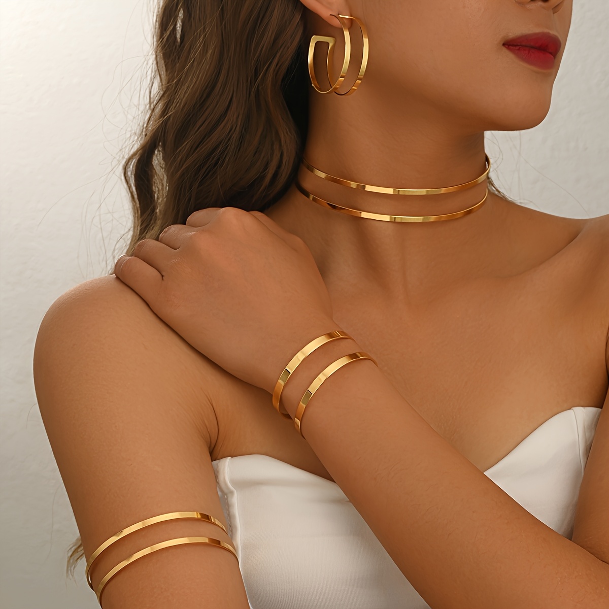 TEMU 1 Set Of 4pcs Retro Street Style Premium Unique Double Layer Collar Earrings Bracelet Armband Set, Bohemian Temperament Elegant Niche All-match