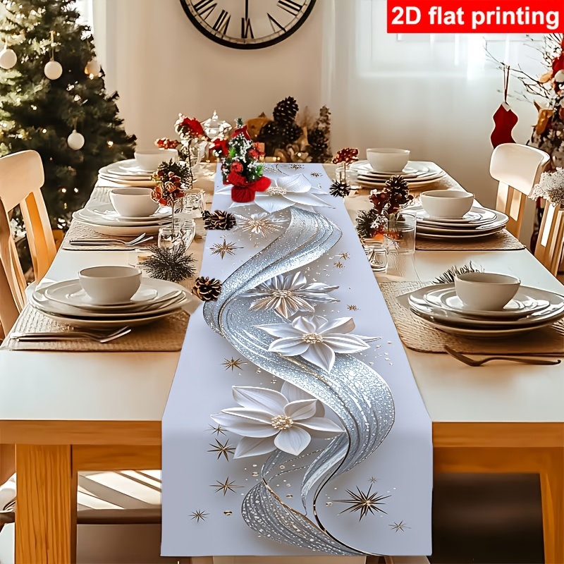 TEMU 1pc, Chemin de Table de Noël Plat 2D, Fleurs Argentées Brillantes avec Argentées Fluentes, Ornées d'Éléments Étoilés, Facile Mais . La Émet une