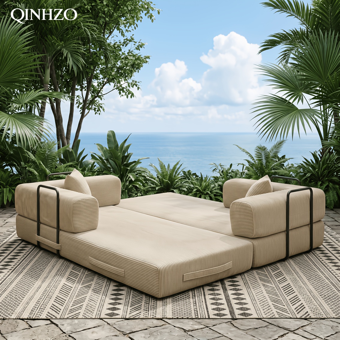 [Modular Sofa Bed] 107.8 Inch Corduroy Modular Sofa Bed - Convertible King Bed Suitable for Patio, Balcony & Beach House, No Assembly Required Outdoor Couch with Foam Frame, High-Density Foam Cushioning, Luxury for -Weather Living Room Furniture
