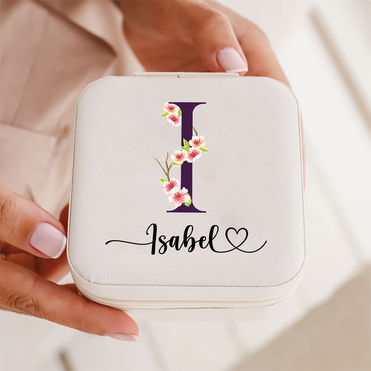 TEMU 1pc Personalized Cherry Letter Design Jewelry Box, Organizer For Rings, Necklaces, And Earrings, Soft Faux Leather With Fluffy Interior, Ideal