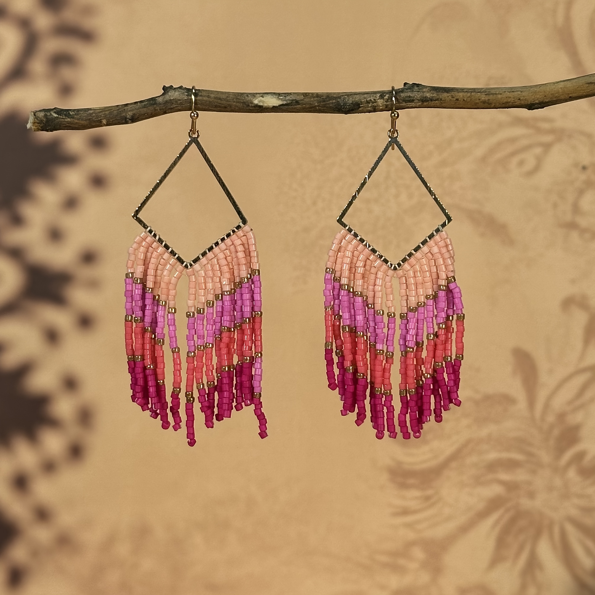Women's Handmade Beaded Tassel Earrings, Rhombus Frame