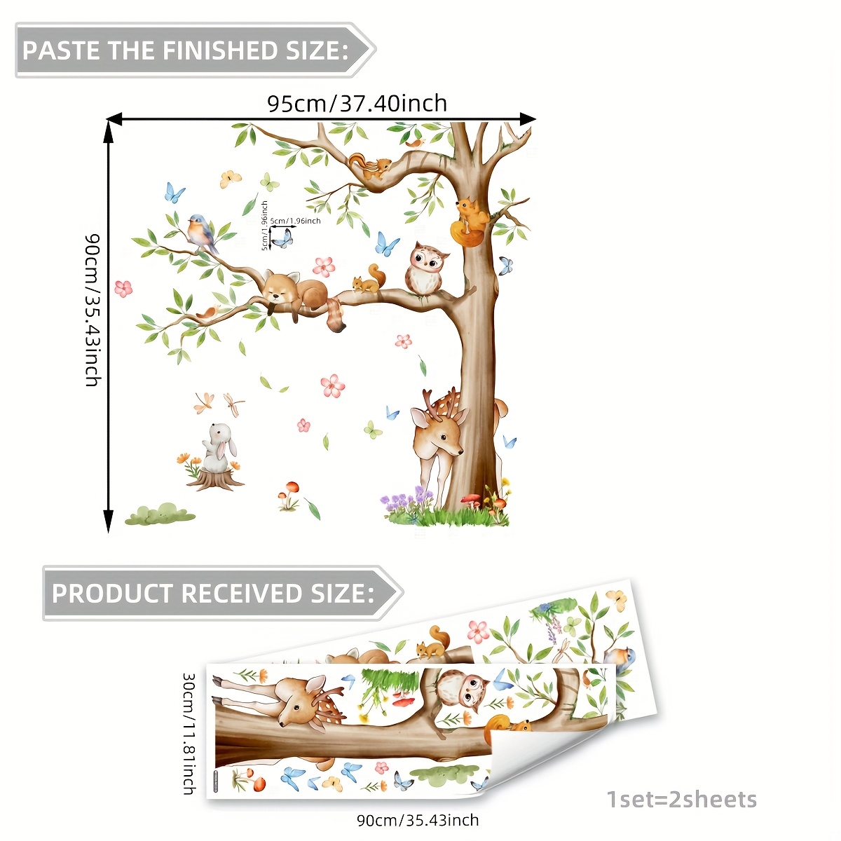 Image of A Set Of 2 Large Trees Small Animals Flowers Butterflies Wall Stickers Home Decor Stickers Bedroom Living Room Sofa Entrance Background Decoration