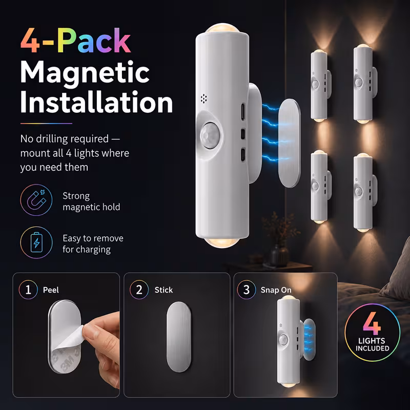 4 个装双光 rgb 人体感应壁灯,9 种灯光多档调光,120° 广角感应,ip44 防水磁吸免打孔,usb充电,适配走廊、卧室、浴室、玄关 商品详情 7