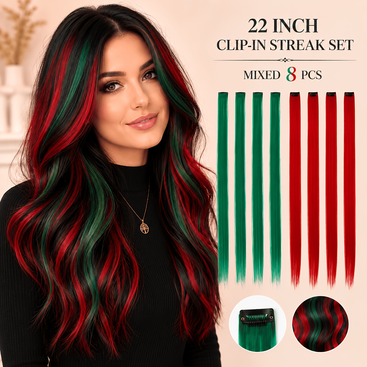 TEMU Lot de 8 Extensions de Cheveux à Clips Rouges et Vertes, Mèches Lisses de 22 Pouces à Rayures de Couleur avec Pinces à Pression Discrètes,
