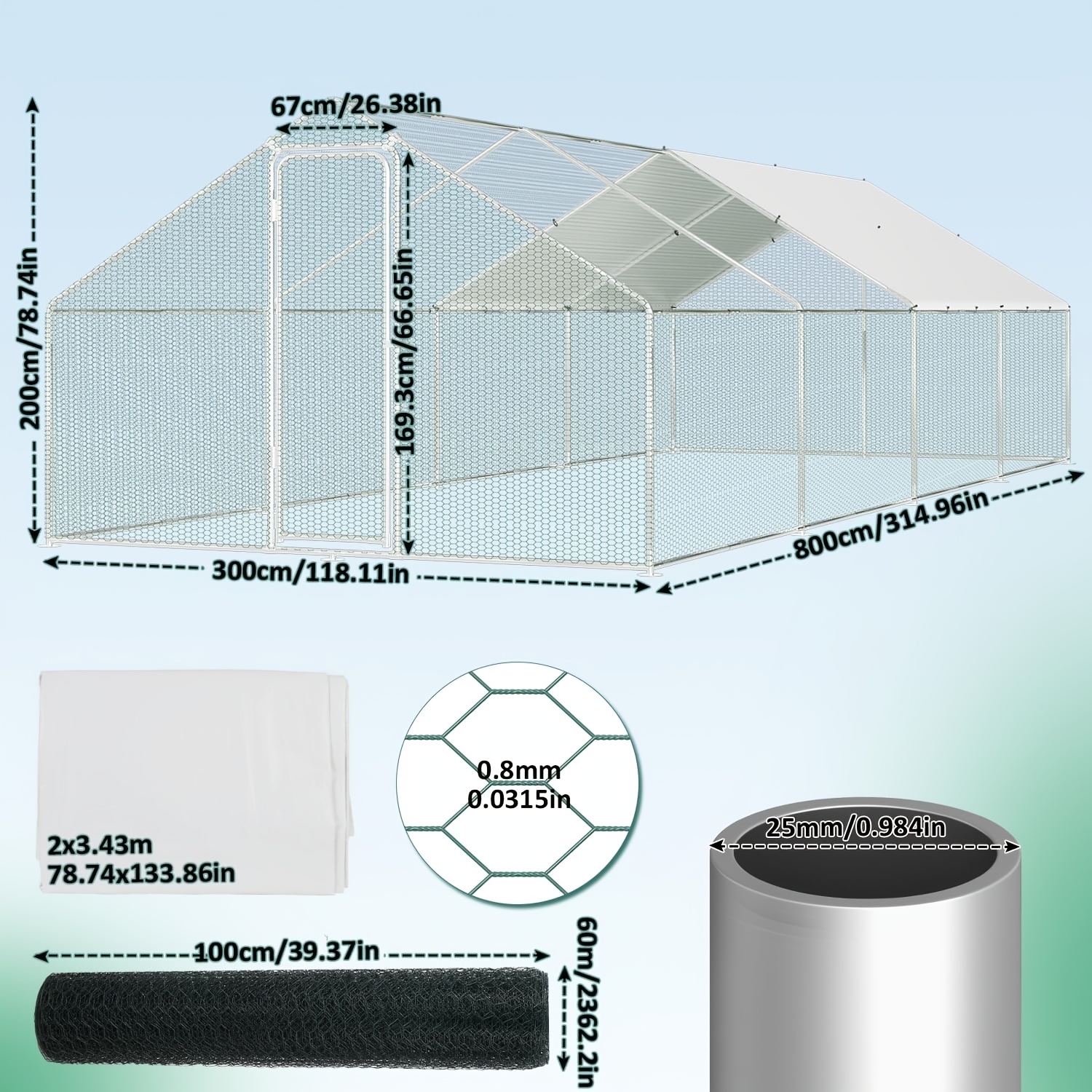 Image of 3x8x2m Xxl Outdoor Free- Coop With Canopy And Lock, Galvanized Steel Small Animal Cage, Aviary, Outdoor Poultry House, Suitable For Chicken Coops, Small Animals, Pet Cages, And Rabbit Enclosures