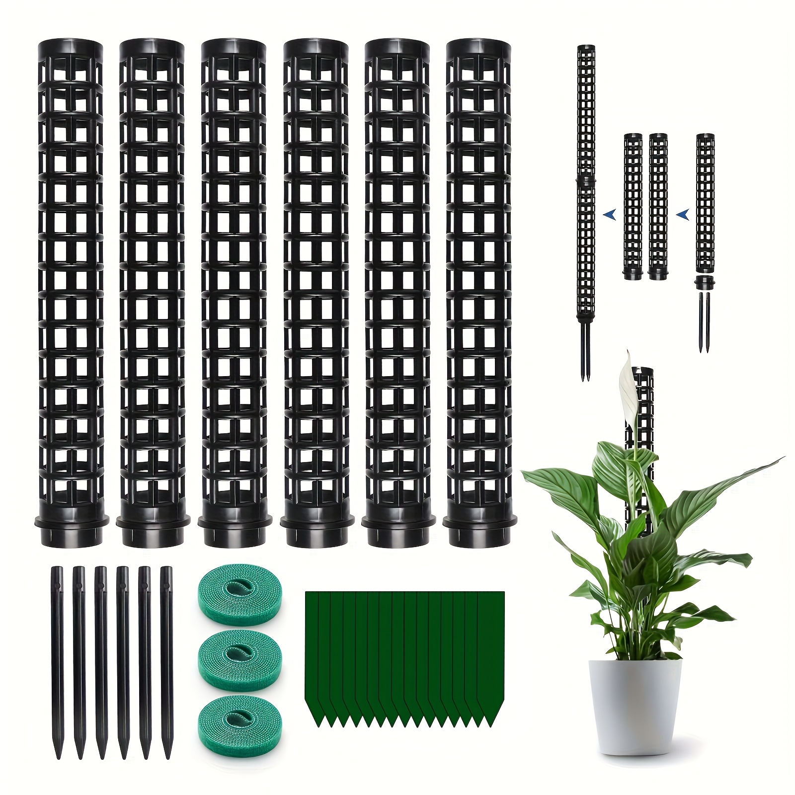 Grid Indoor Plant Support, Pack Of 6 Moss Poles For Monstera Grid Plant Stakes, Made Of Plastic, Climbing Plant Grid Aid, Plant Pole, Plant Support, Climbing Aid, Moss Pole, Garden, Black, 150cm