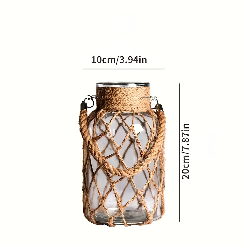 Image of Retro Dried Flower Jute Rope Vase, Glass Transparent Indoor Vase Ornament Living Room Export Flower Container Small