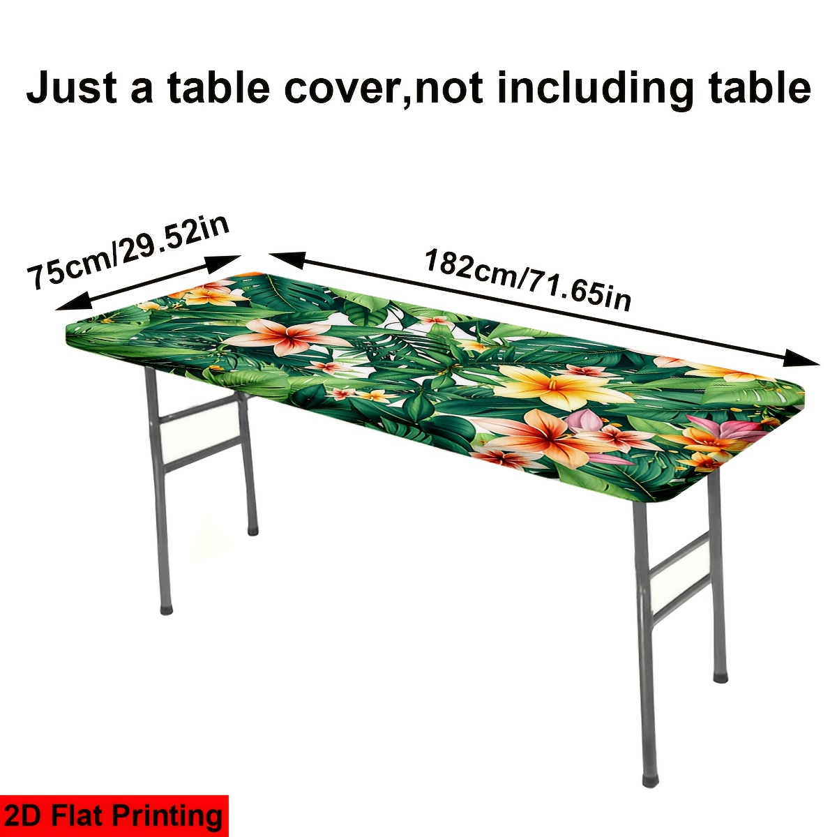 TEMU 1pc 4/6ft Green Leaf And Pinkish-yellow Flower Pattern Printed Elastic Tablecloth, Mantel, Tablecloth, Table Cover. Washable Outdoor Table Cover