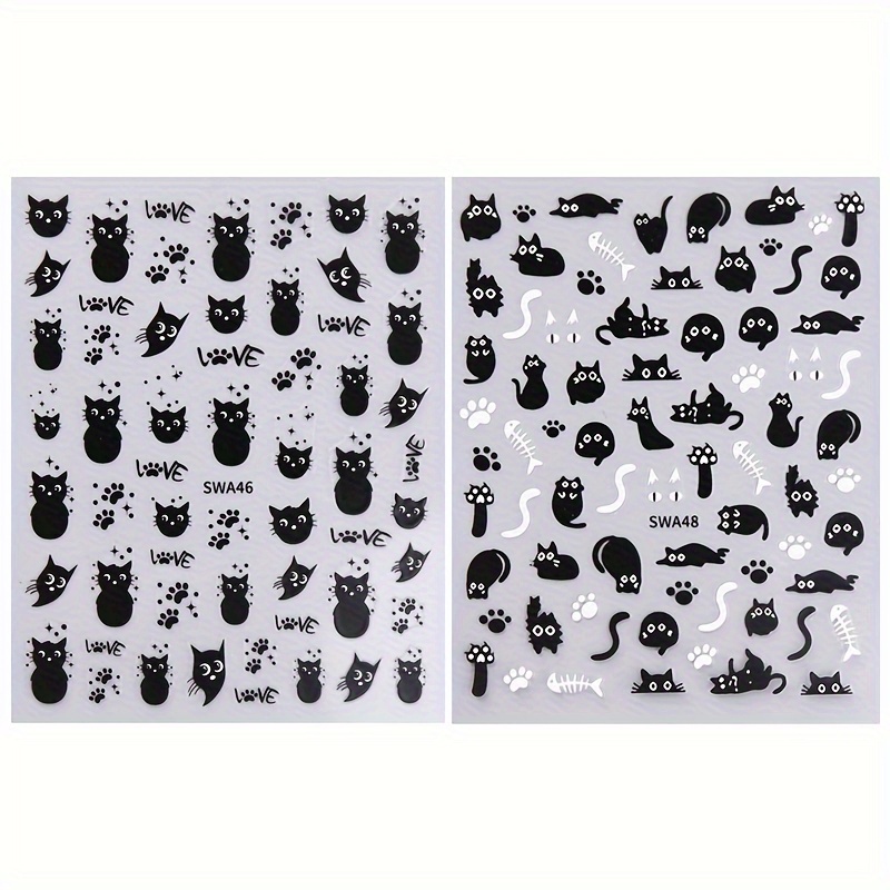 Image of 2 Cute Black Cat Nail Stickers, Halloween Cartoon Animal Self-adhesive Nail Decals, Nail Salon Nail Art Decorations, Nail Art Supplies For Women And
