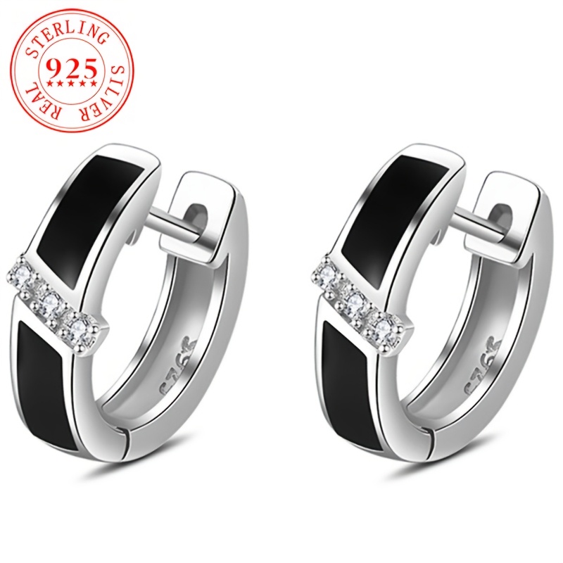 TEMU 1pc Luxurious S925 Sterling Silver Hoop Earrings With Black Enamel & December Birthstone - Chic Gift For Women, Fashionable Jewelry For Casual