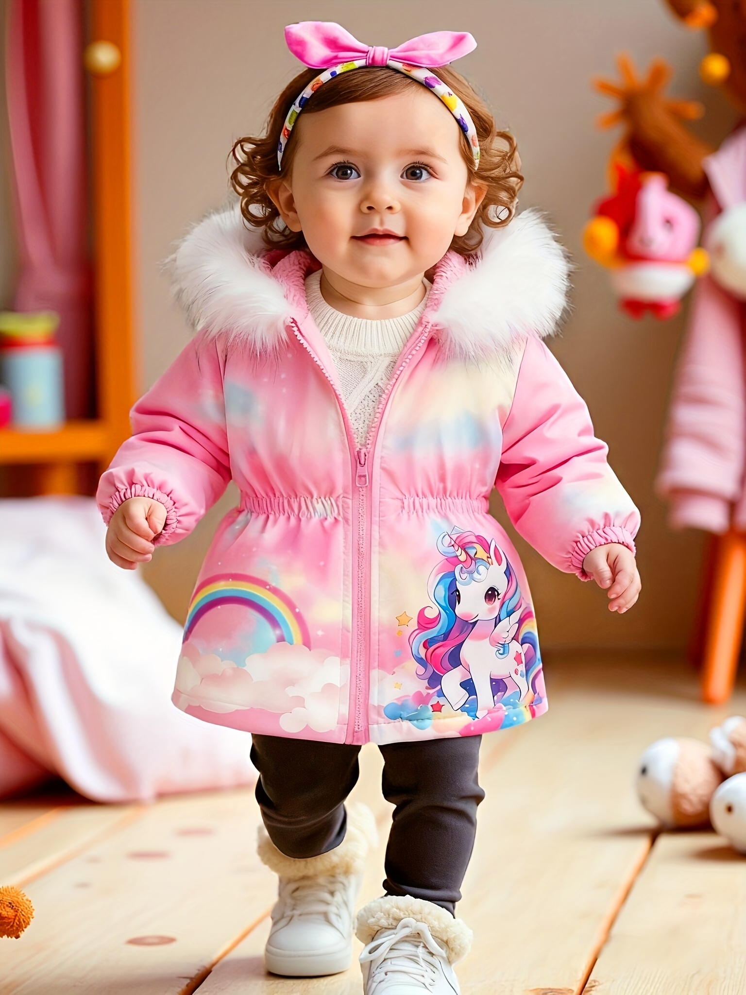 item picture baby girls 0 3 years autumn winter outdoor versatile unicorn print fleece warm hooded striped jacket coat
