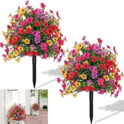 2 high quality artificial potted flowering trees with lifelike colorful plastic simulation shrubs with ground stakes suitable for indoor outdoor decoration ideal for patios gardens suitable for spring and summer
