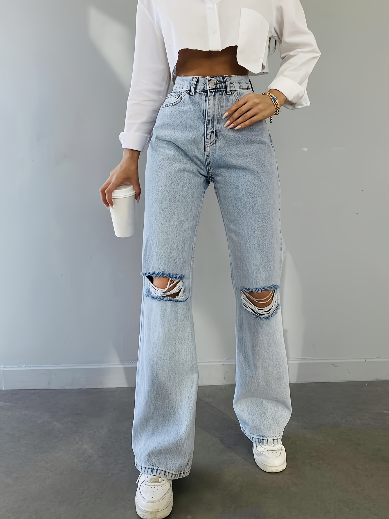 Ripped Knee Cut Distressed Jeans, Light Wash Slash Pocket Button * Casual &  Trendy Pants For Every Day, Women's Denim Jeans & Clothing