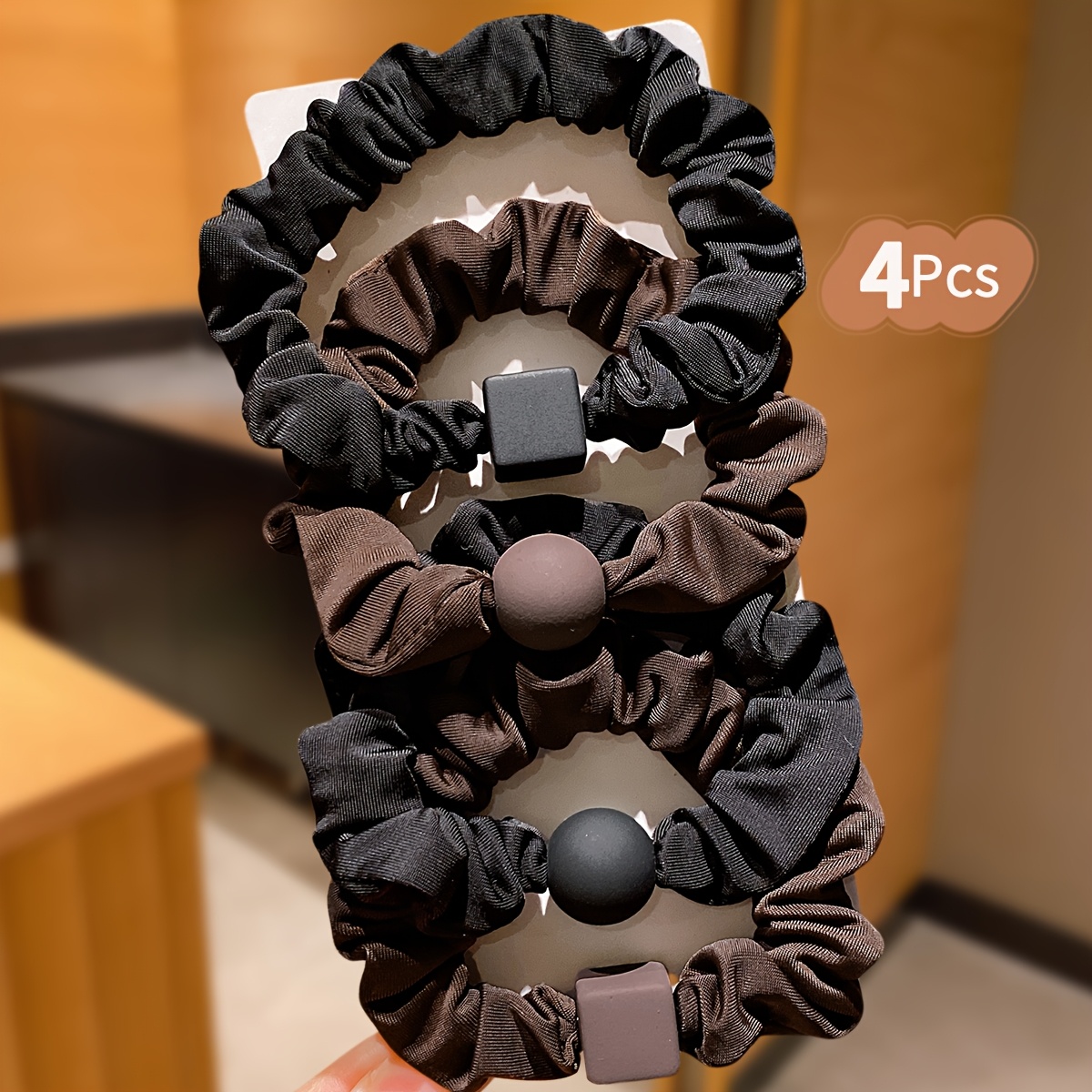 TEMU 4pcs Women' Black Fabric Small Hair Ties, Matte Bead Decorative Elastic Hair Ties, Elegant Ponytail Scrunchies, Suitable For Daily , Dates, And