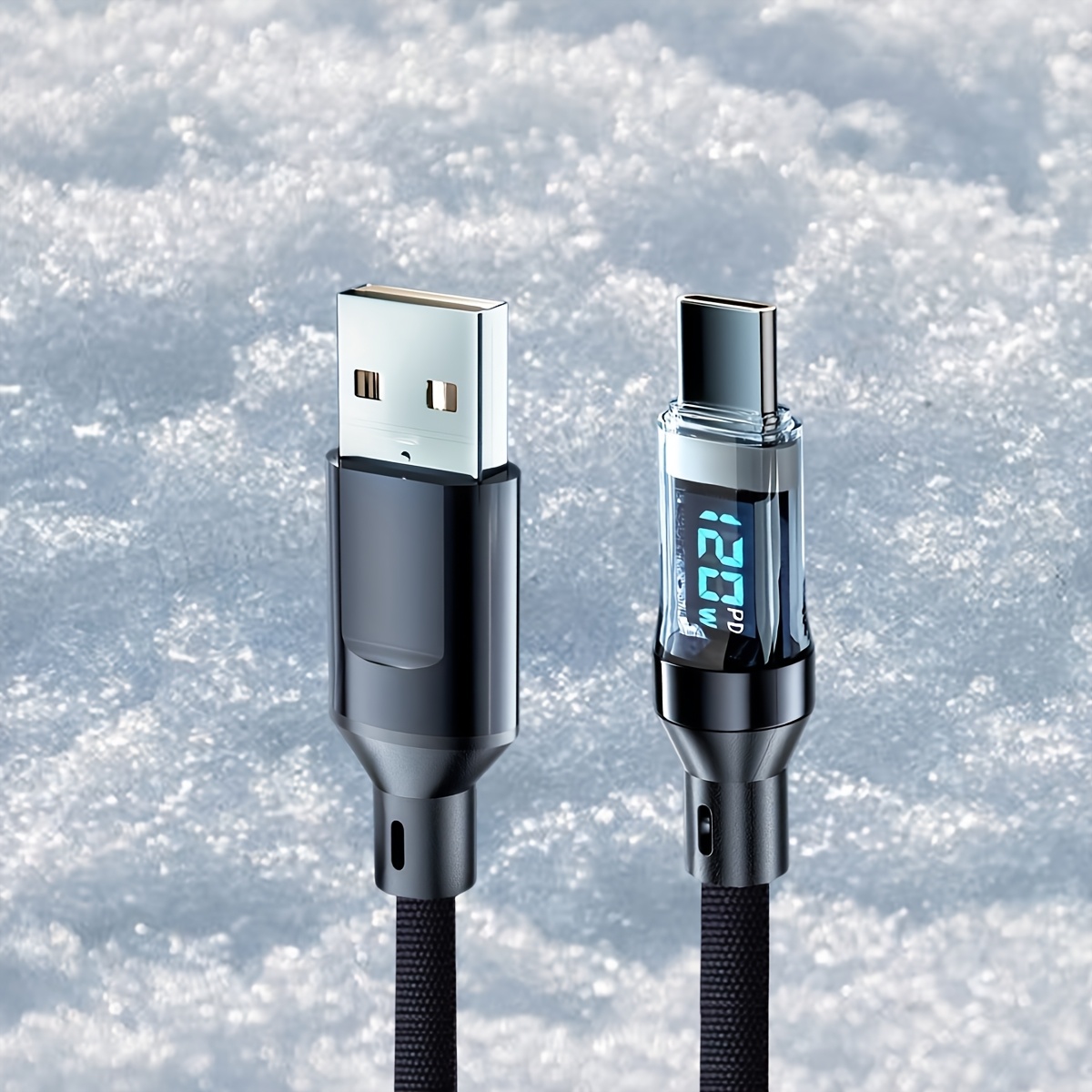 TEMU 120W 초고속 충전 USB-C 케이블, USB-C로, 평면 PVC 데이터 동기화 코드, 실시간 디지털 디스플레이, 자동 전원 끄기 기능, ≤36V 작동 전압, 50-80W 출력 전력