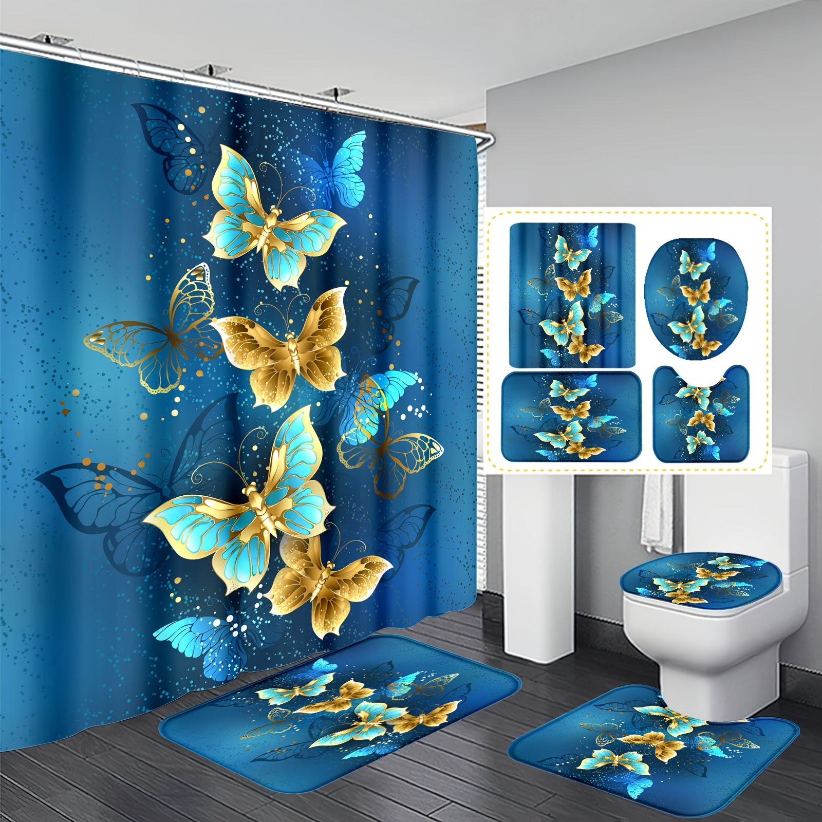 

4pcs Butterfly Polyester Waterproof Insulation Home Decor Bathroom Shower Curtain With 12 Hooks Bathroom Anti-slip Mat U-shaped Floor Mat And Round Toilet Seat Cover Mat Bathroom Set Full Scene Use