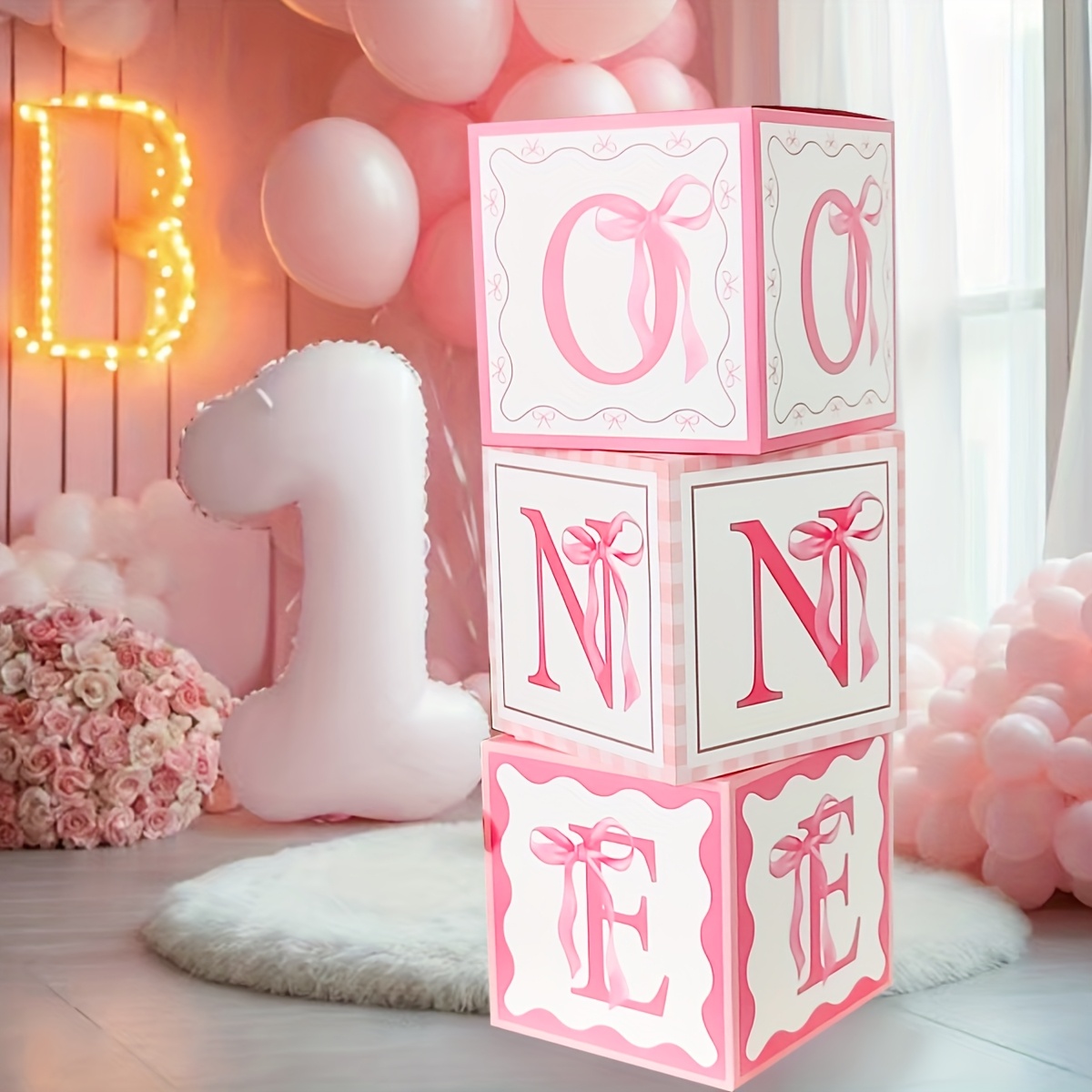 Image of Gift For Her/him A 30cm Pink Bow Balloon Box, Perfect For A Stylish 'one' Letter Balloon Box For First Birthday Celebrations. Ideal For Teen Showers And Gender Reveals, Durable And Festive Decorations
