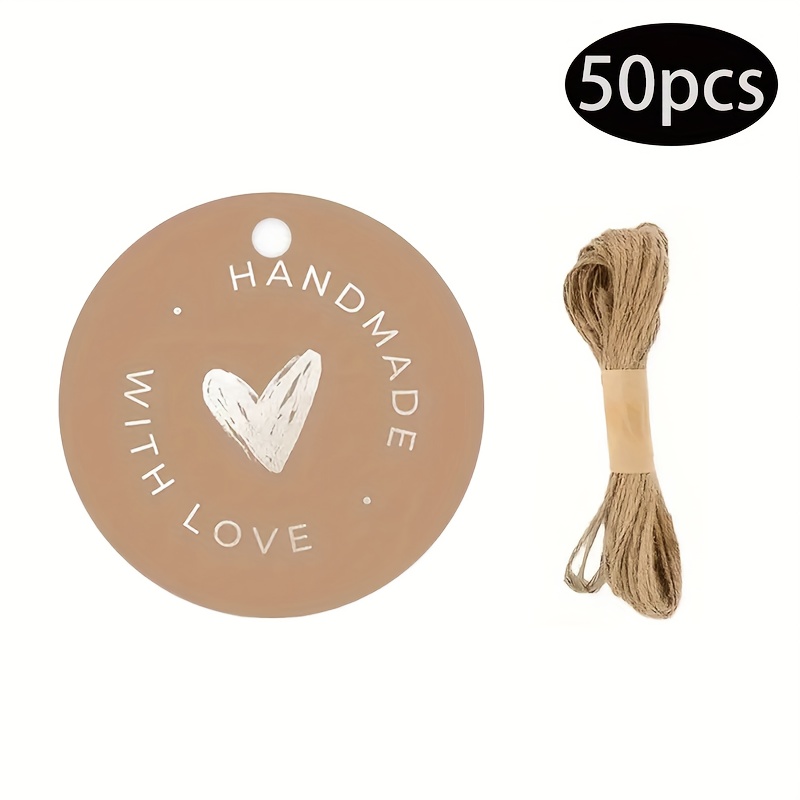 Image of 50pcs Of "handmade Love" Round Tags With Twine, Suitable For Rustic-themed Gifts, Branding Handmade Products, And Cards For Family Businesses