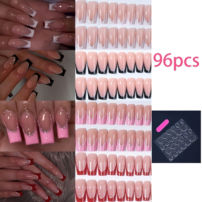 TEMU 96pcs 4-style French Glitter Press-on Nails Suitable For Women & - Long Square Fake Nails With White/black/pink/ Designs, Reusable Machine Nails