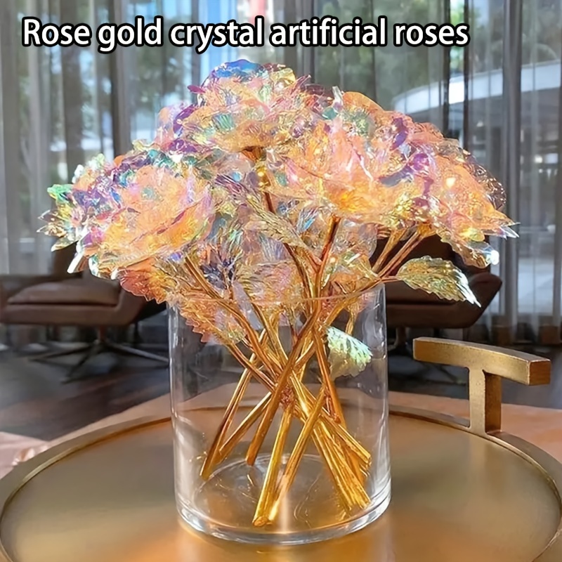 TEMU 10pcs Rose Golden Crystal Artificial Roses, 10x3 Inches - Perfect For Christmas, Wedding Anniversaries, Mother's Day, Party Decorations & Gifts