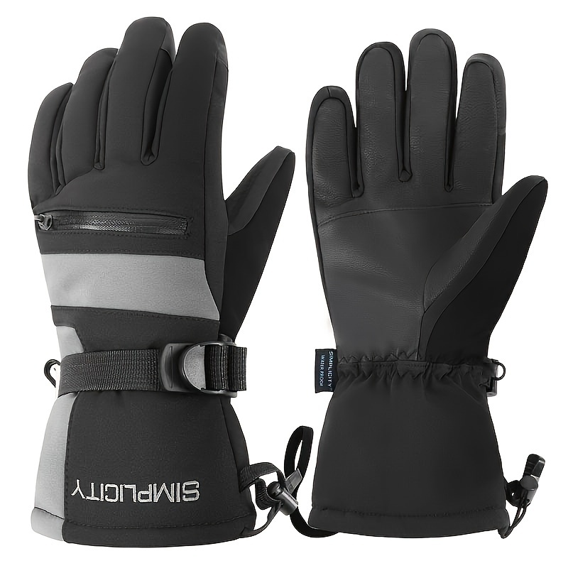 TEMU Unisex Thermal Touchscreen Ski Gloves With Horizontal Zipper & Adjustable Wrist Strap - Cold Weather Winter Sports Gloves For , For Outdoor Skiing & Snowboarding