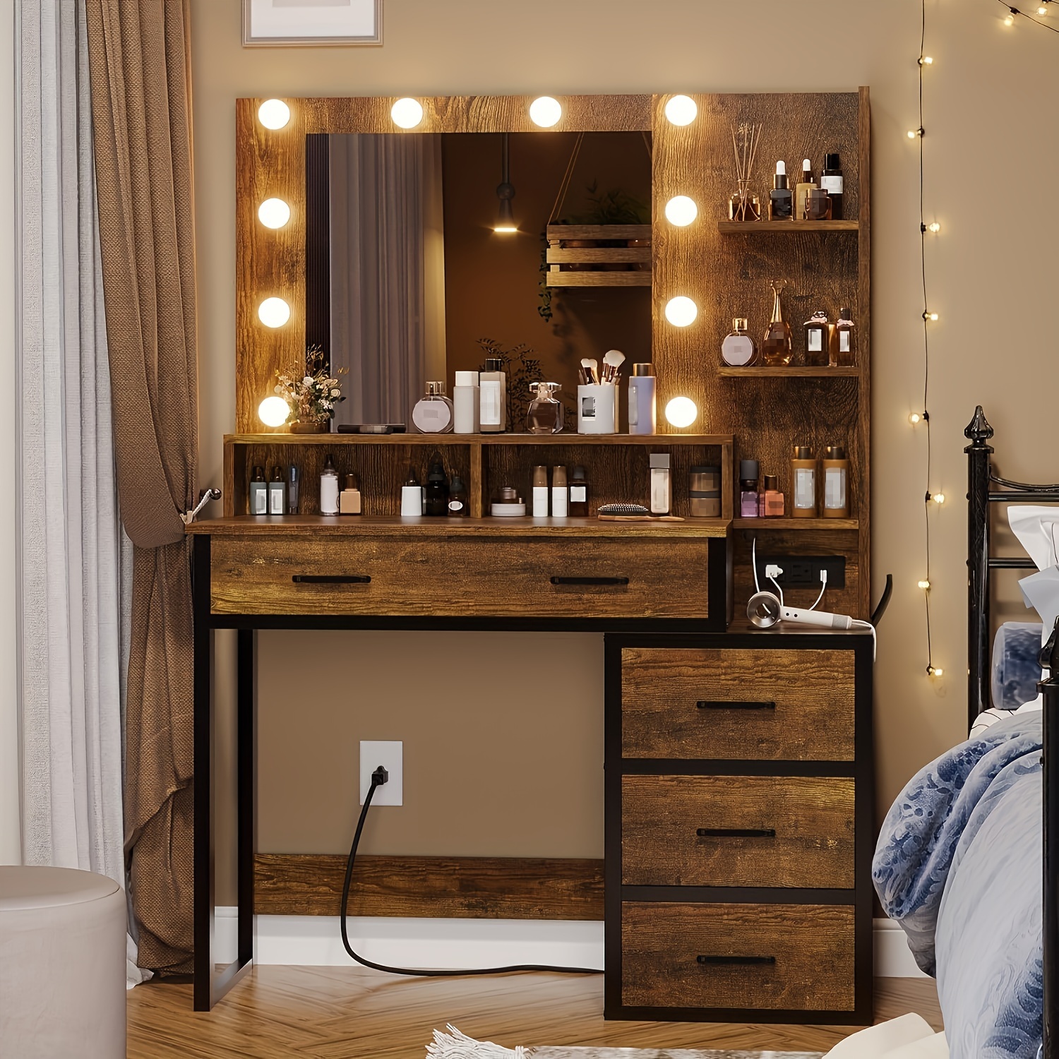 

Vanity Desk With Charging Station And Mirror & 3 Lighting , Makeup Vanity Table With Drawers And Nightstand, Rustic Brown