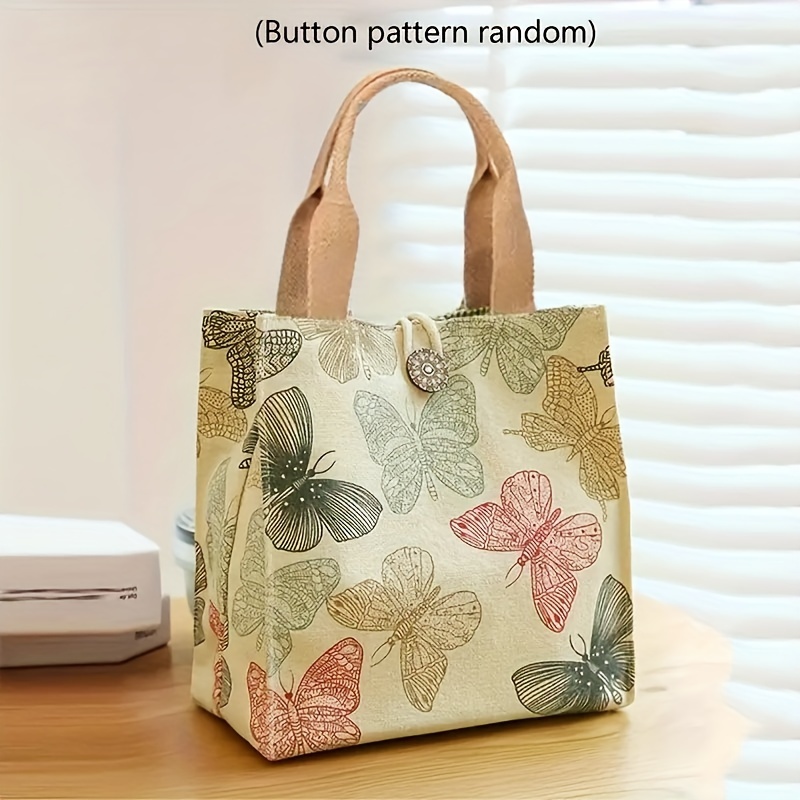 

Chic Butterfly Print Canvas Tote - Portable Lunch Bag For School, Travel, Picnic & Office Use