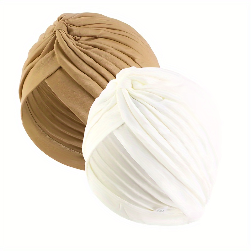 

2pcs Solid Color Turban Hats - Pleated Head Wraps, Elastic Forehead Crisscross Chemo Hats, Women's Head Scarves For Casual Wear