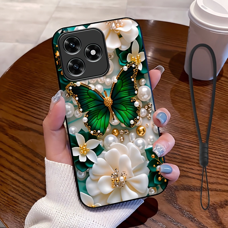 TEMU Coque de téléphone : Plat 2D, Lot de 2 pièces : 1 coque de téléphone + 1 dragonne, Coque de téléphone à motif floral papillon, compatible avec