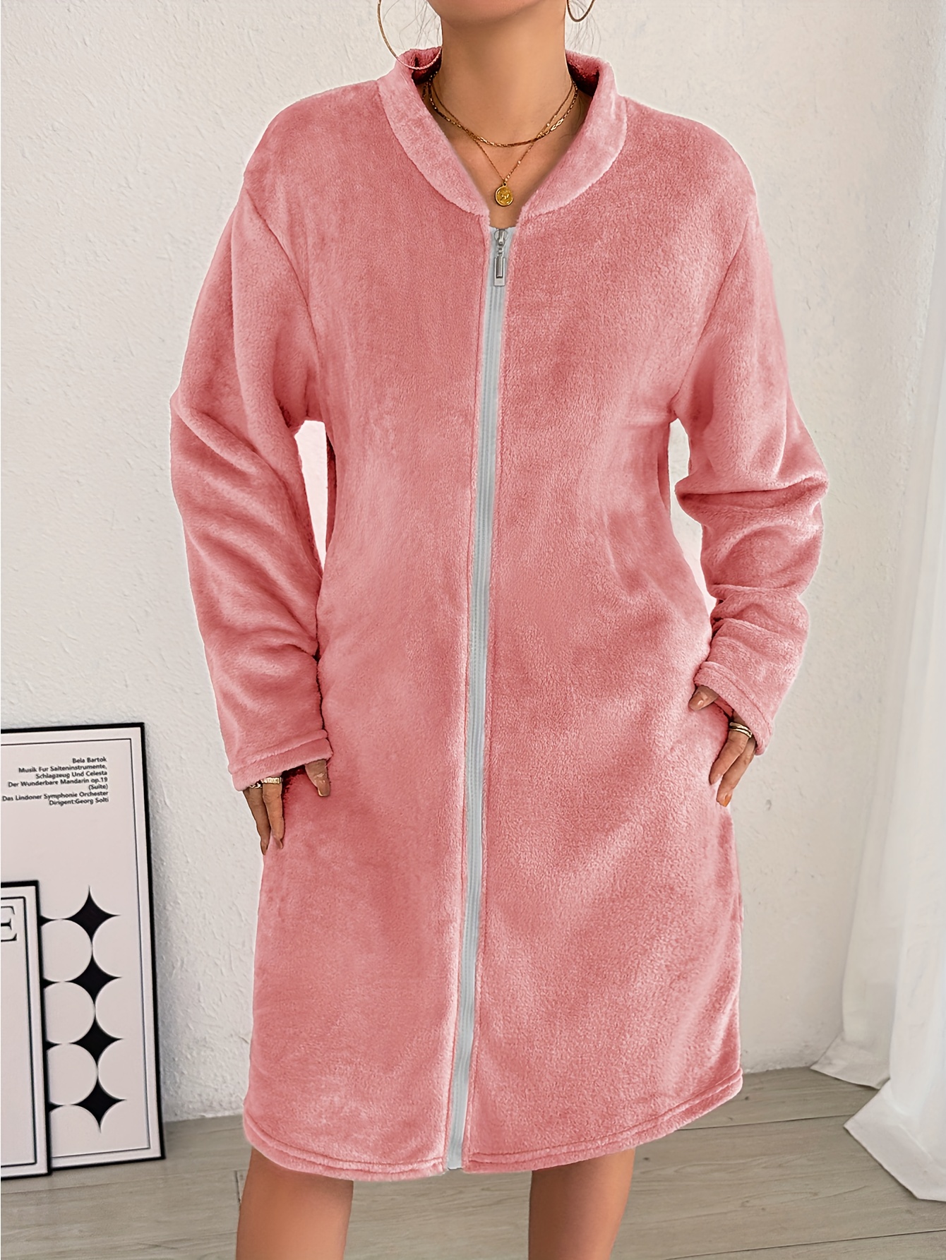 womens cozy beige flannel robe pockets thick long sleeve zip Temu