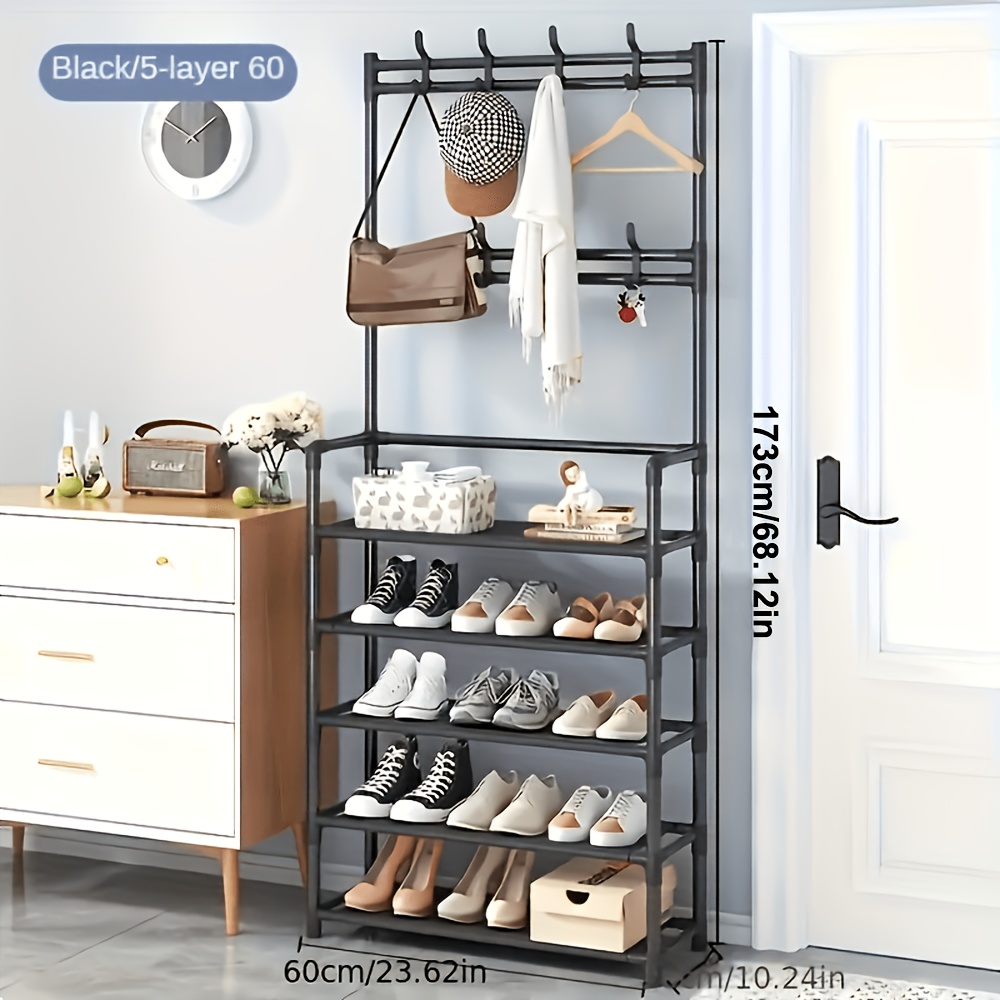 Image of Independent Metal Shoe Rack With 8 Hooks - Entrance Organization Rack With Shelves And Coat Hooks - Multi-functional Tree Without Electricity For Storing Bags, Umbrellas, Hats, And Shoes