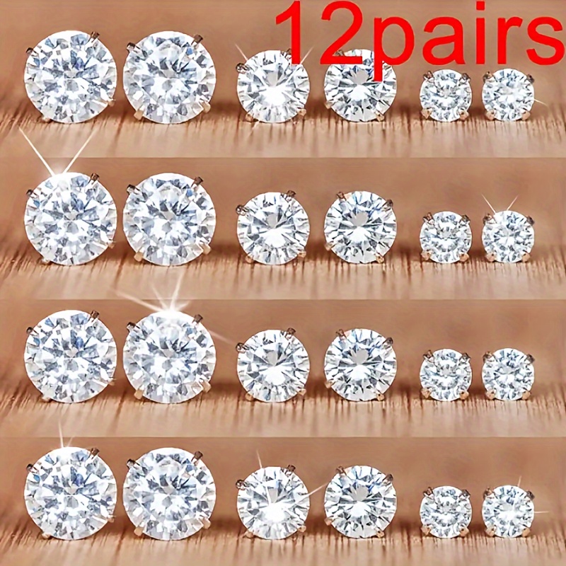 

12 Pairs Stainless Steel Stud Earrings Set With Synthetic Cubic Zirconia - Silver Plated, Simple & Party Style Earrings For Daily And Party Wear, Suitable For Thanksgiving - Hypoallergenic Ear Needle