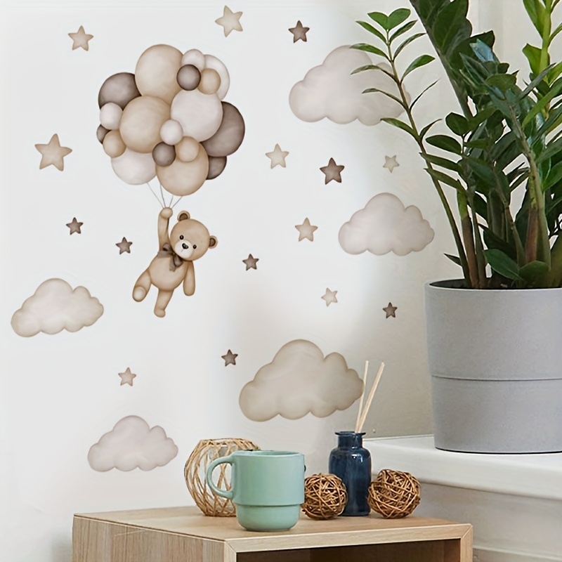 Image of Cute Little Bear Hydrogen Balloon Cloud Stars Wall Stickers, Decorating Living Room, Dining Room, Foyer, Bedroom, Removable Pvc Wall Stickers