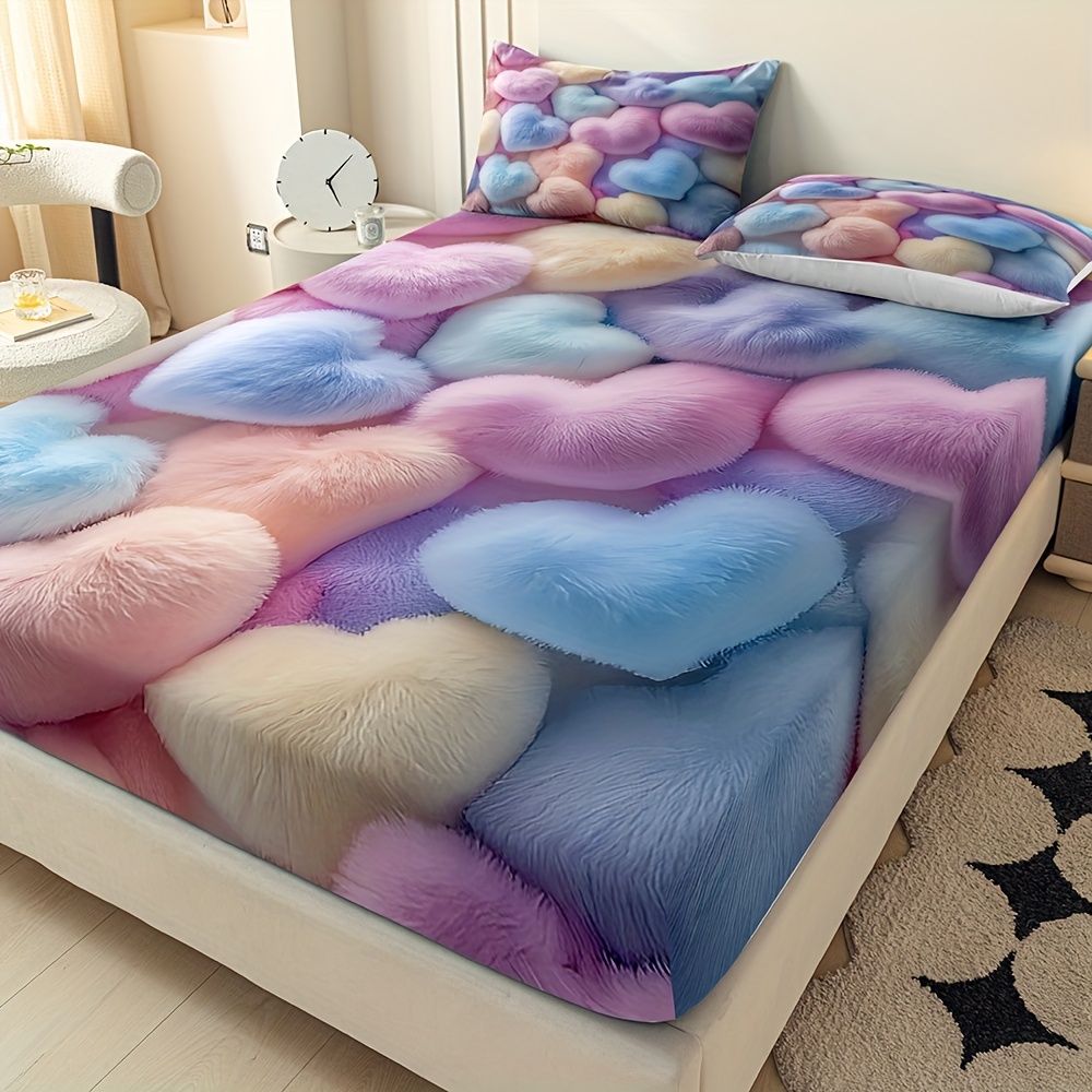 TEMU 3pcs Fitted Sheet Set, Adorable 3d Mattress Protector, Breathable 100% Polyester Bedding, Machine Washable, Digital Printing Suitable For ,