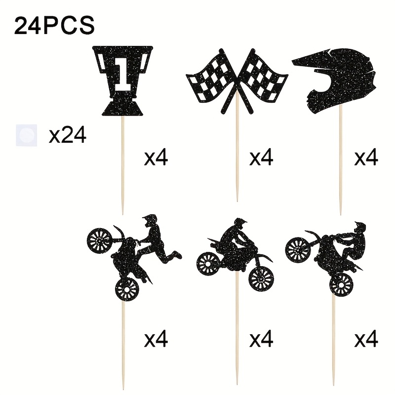Image of 24 Bamboo Motorcycle Cupcake Toppers Featuring A Shiny Off-road Bike Design, Perfect For -themed Birthday Party Cake Decoration, No Electricity Or Feathers Required