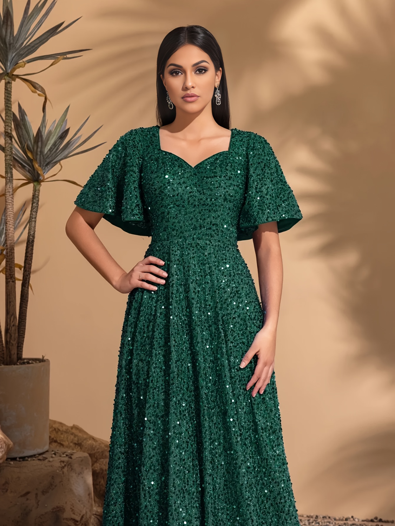 dress for guest at engagement party Luxurious Green Arabic Long Sleeves Beaded Long Formal Evening Dress W –  SELINADRESS