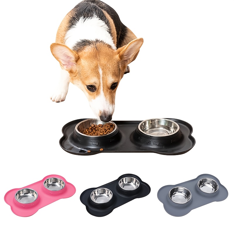 

Non-slip Tpr Pet Feeding Mat With Stainless Steel Double Bowls For Dogs - , Easy