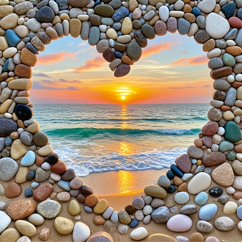 

1pc Love Heart Beach Sunset Diamond Art Painting Kit - Drill, Acrylic Wall Decor For Home & Valentine's Gift