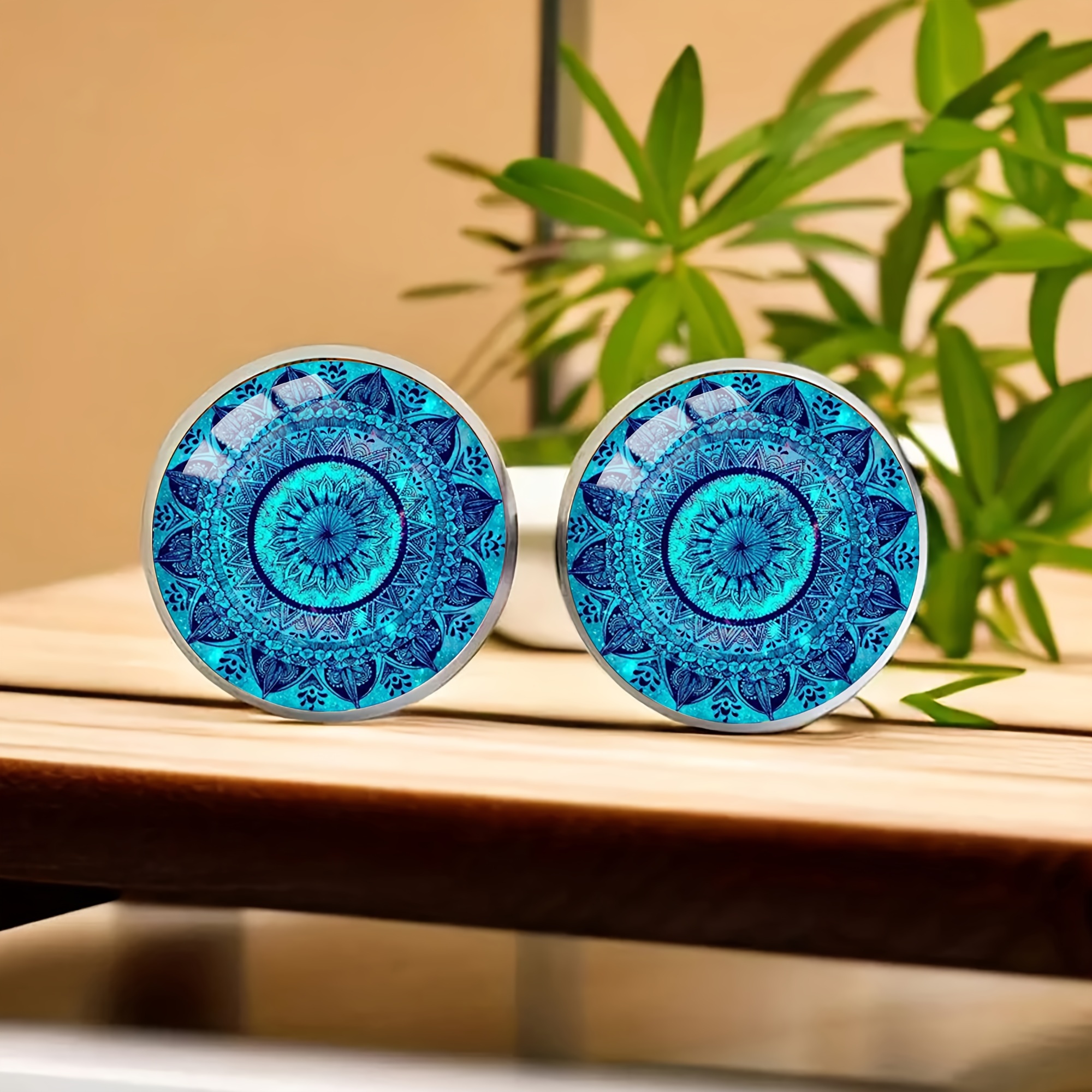 Image of 1pair Blue Mandala Stainless Steel Earrings, Elegant And Sexy Men's And Women' And Holiday Wear Earrings