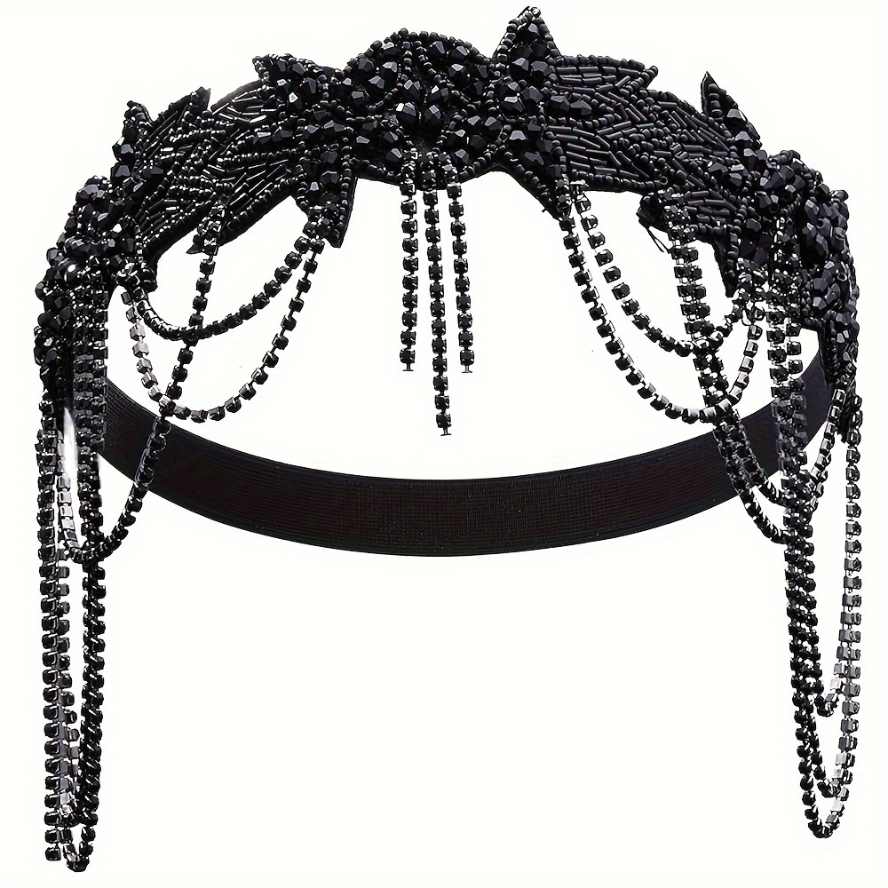 TEMU Great 1920s Flapper Headband - Vintage Black Beaded Chain Hair Accessory For Women, Halloween & Masquerade Parties